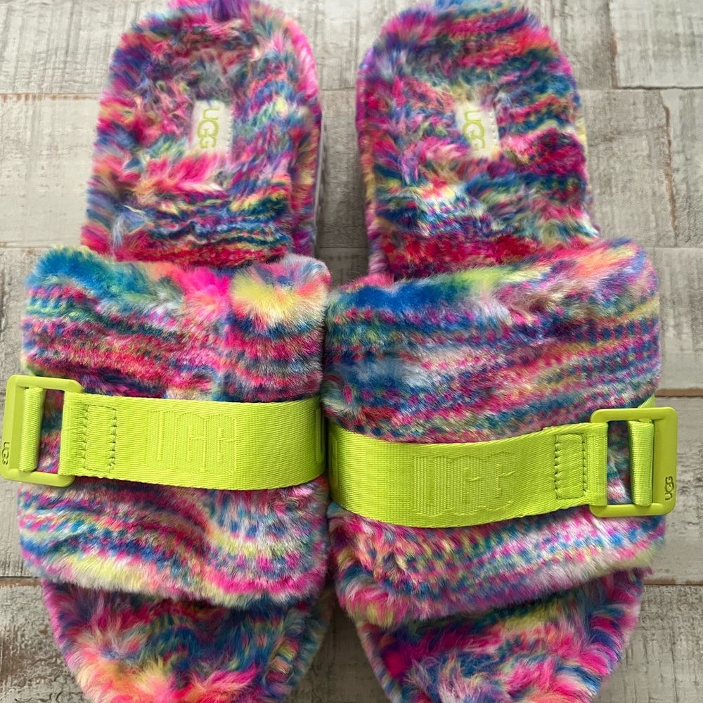 UGG Colorful Fluffy Sandals with Neon Straps